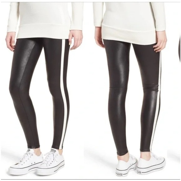 Spanx Black Faux Leather Side Stripe High Waist Leggings Large - Picture 5 of 17